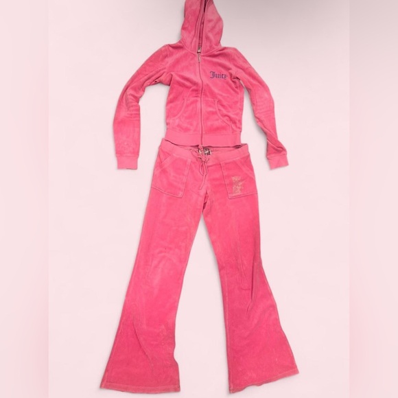 Juicy Couture Hot Pink Velour Zip Hoodie & Flared Pants Set